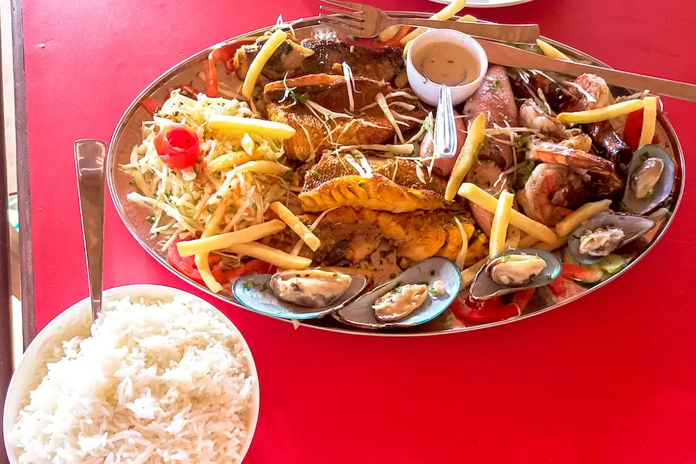 Seafood platter and plain rice in Goa